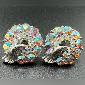 Vintage Lisner Signed Aurora Borealis Rhinestone Silver Tone Screw Back Earrings